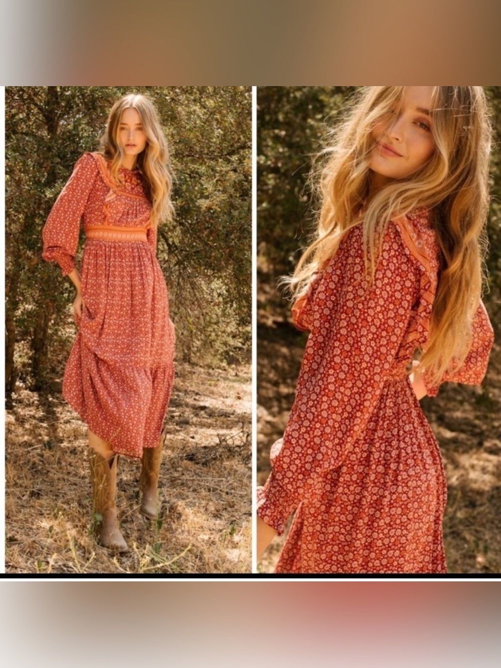 NWT In Loom Prairie Girl Red and Orange Floral Midi Dress sz MED
